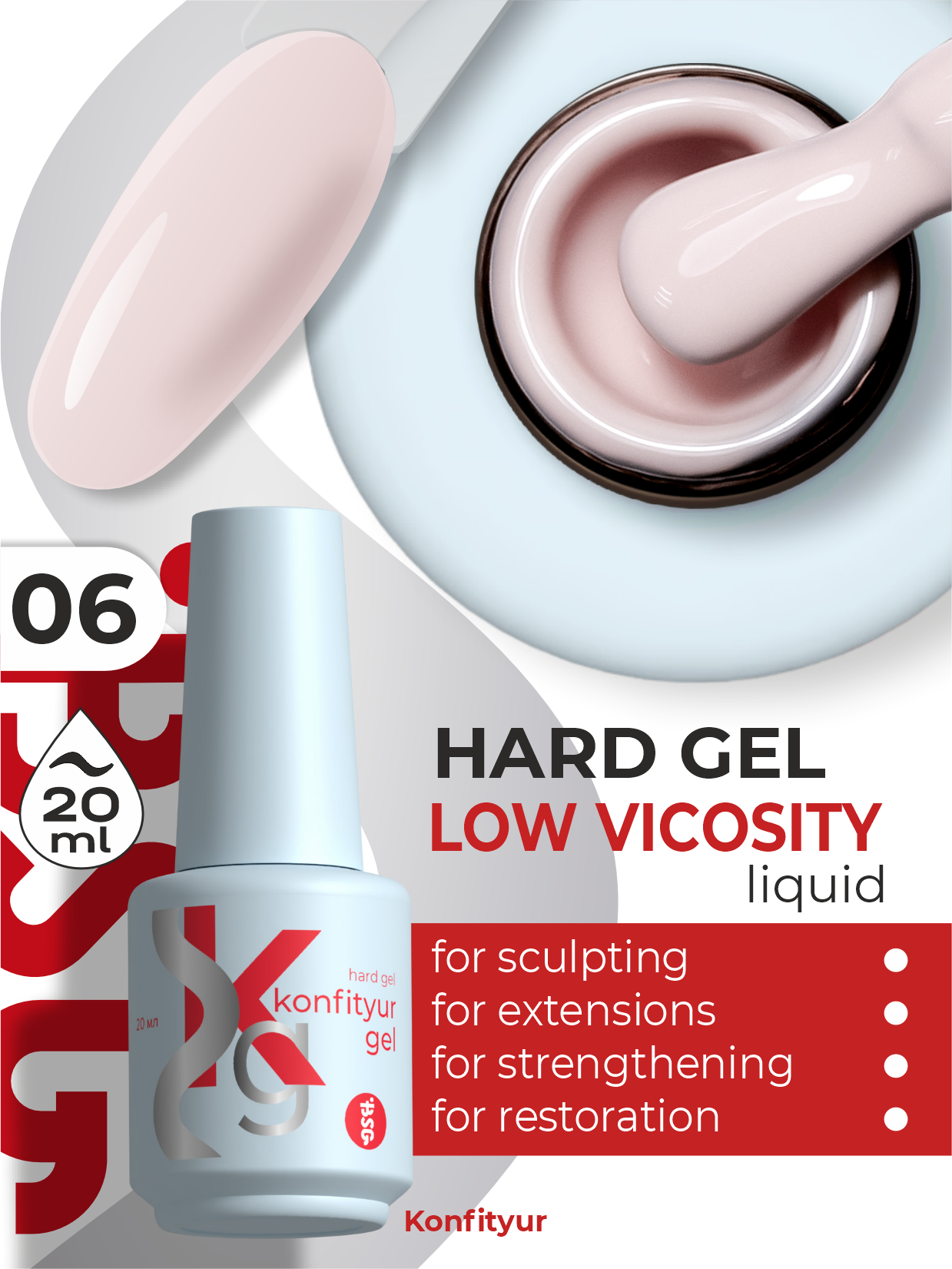 Hard gel in a bottle Konfityur LOW VISCOSITY 20 ml 06 Milky Blush