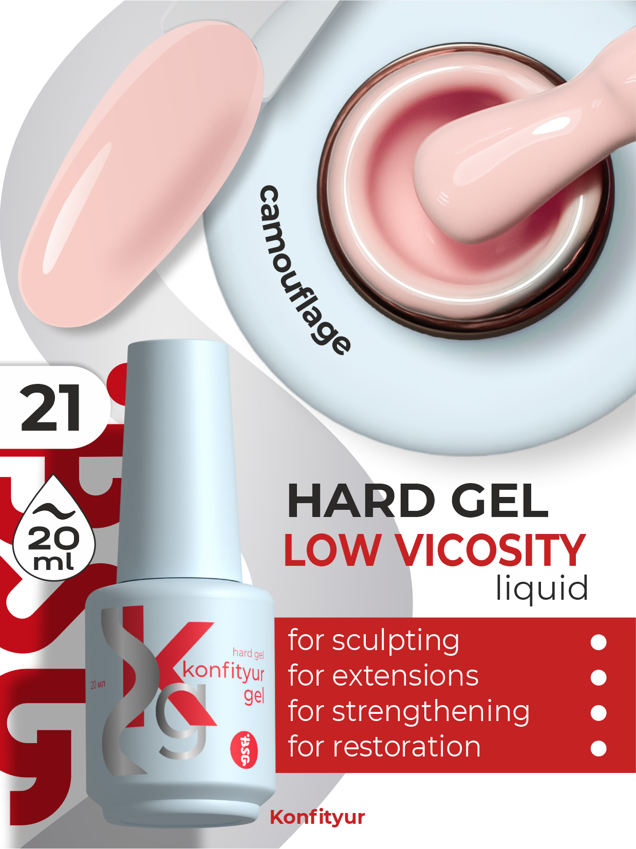 Hard gel in a bottle Konfityur LOW VISCOSITY 20 ml 21 Coral Blush