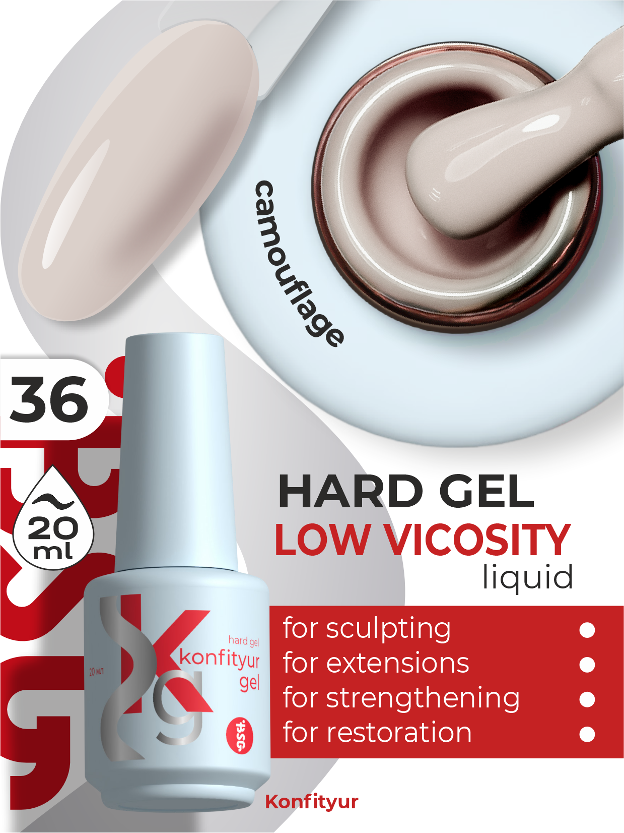 Hard gel in a bottle Konfityur LOW VISCOSITY 20 ml 36 Linen Beige